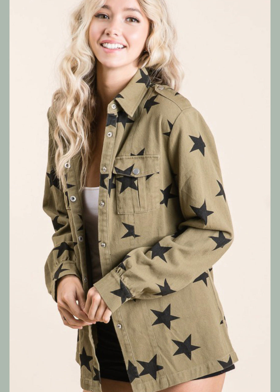 Army green utility stars  button down in olive