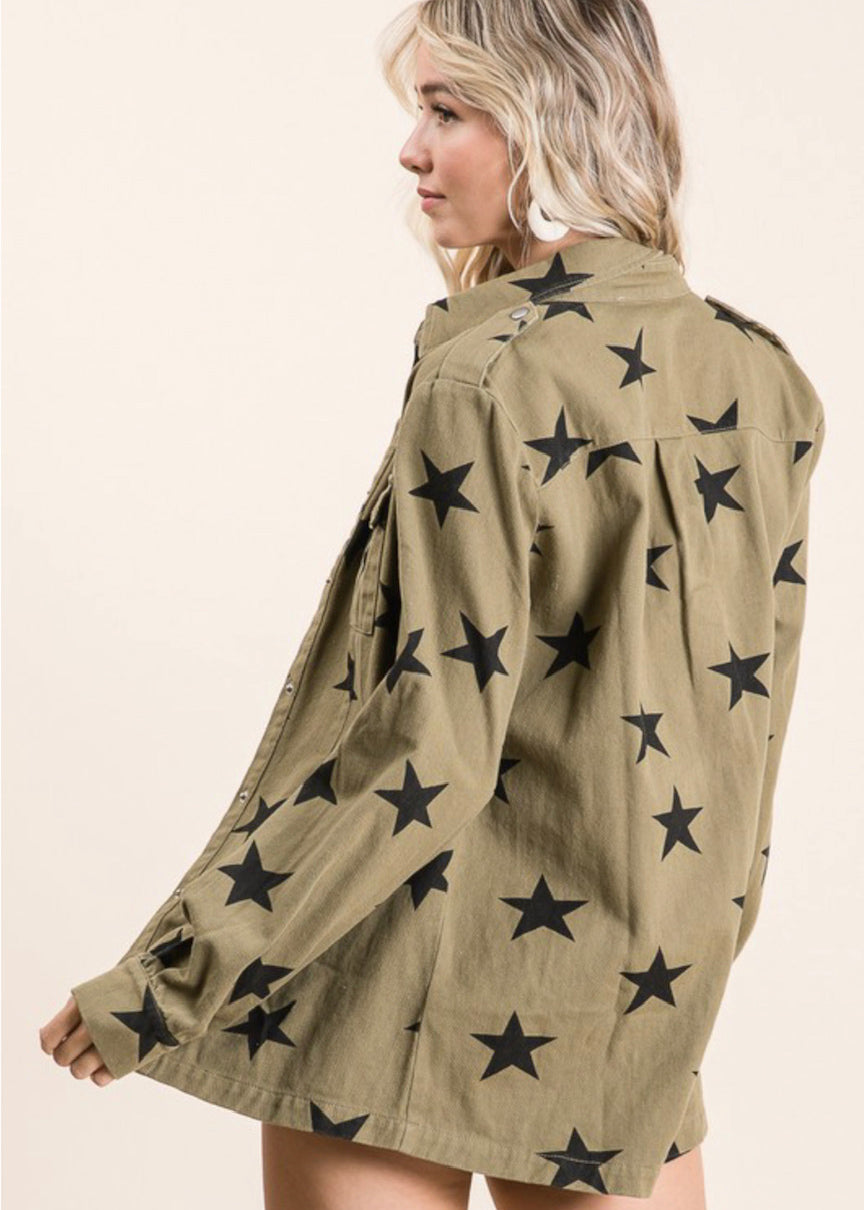 Army green utility stars  button down in olive