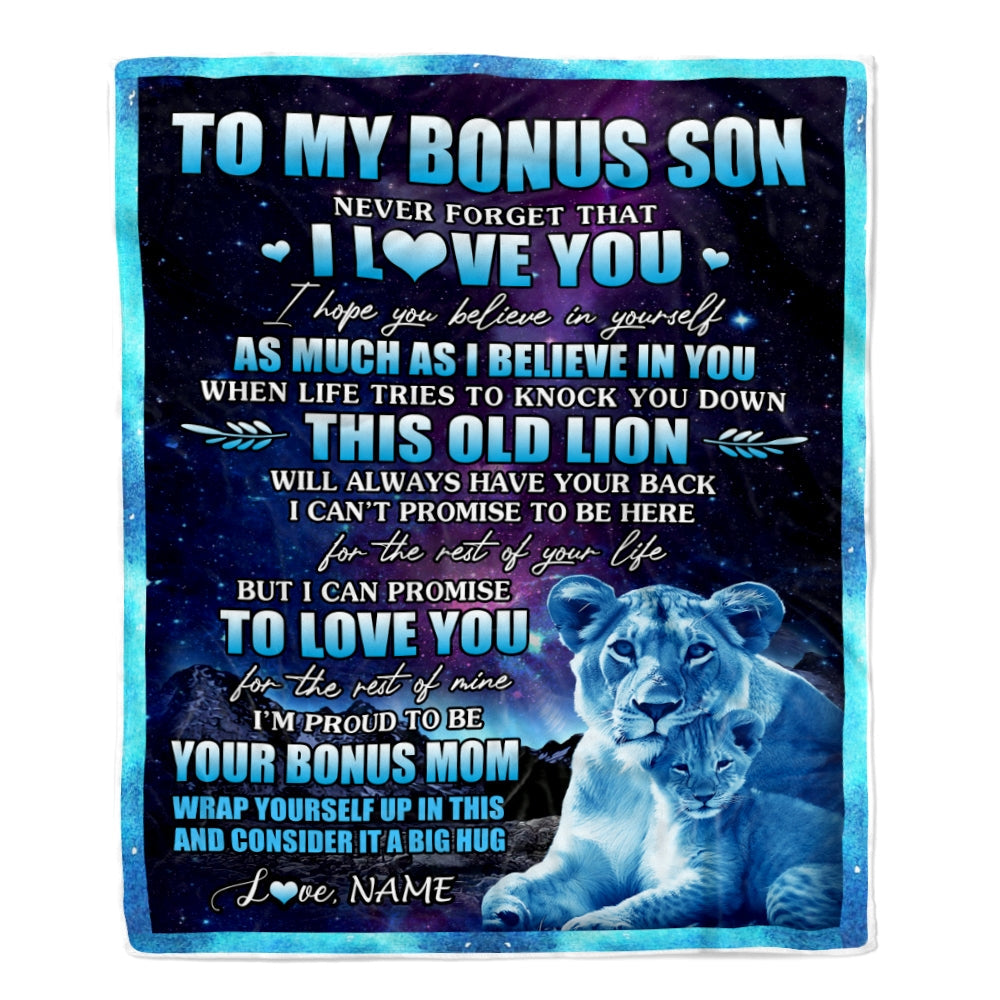 Personalized To My Bonus Son Blanket From Bonus Mom Never Forget That I Love You Stepson Birthday Gifts Graduation Christmas Bed Fleece Throw Blanket