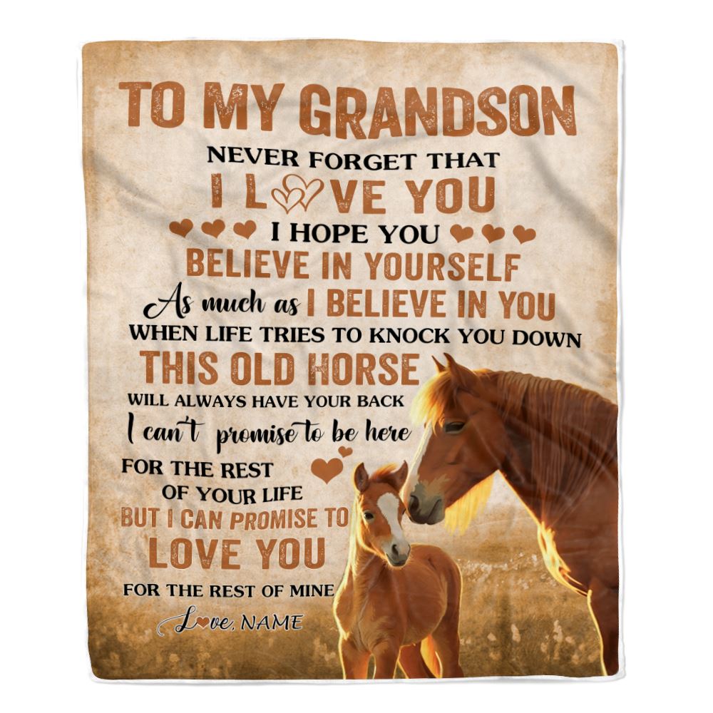 Personalized To My Grandson Blanket From Grandma Grandpa This Old Horse Love Grandson Birthday Gifts Graduation Christmas Customized Fleece Throw Blanket