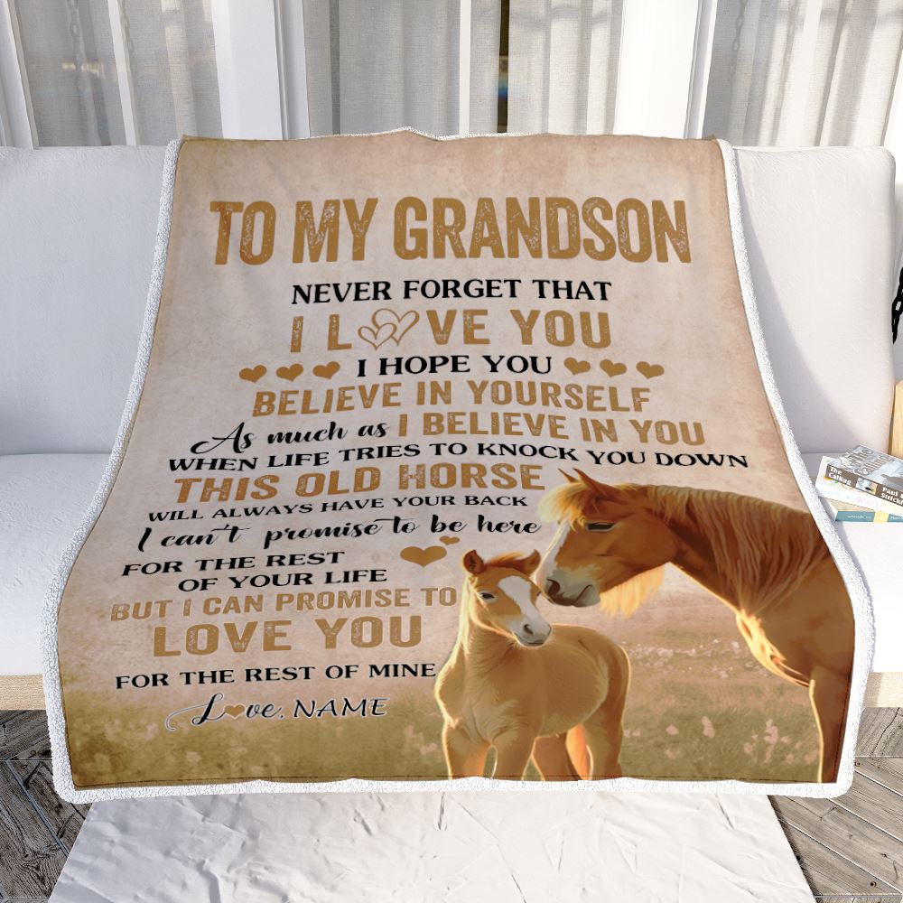 Personalized To My Grandson Blanket From Grandma Grandpa This Old Horse Love Grandson Birthday Gifts Graduation Christmas Customized Fleece Throw Blanket