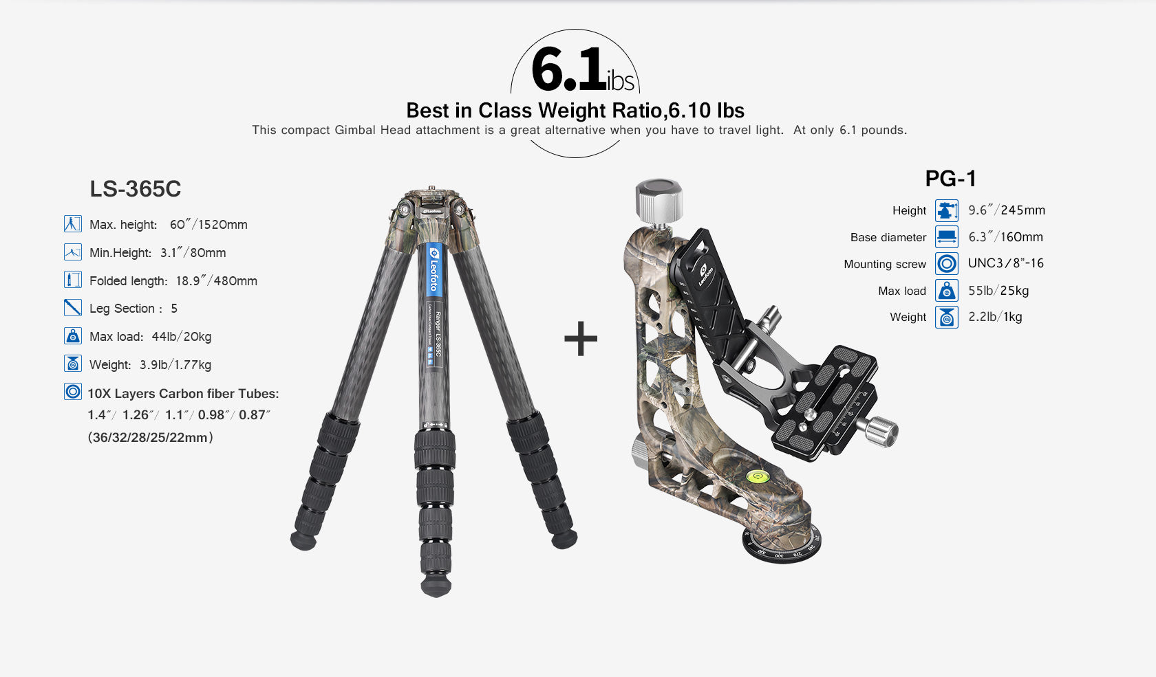 Leofoto LS-365C + PG-1 Pro Carbon Tripod with PG-1 Gimbal Head Kit (Black/Camo/Full Camo)