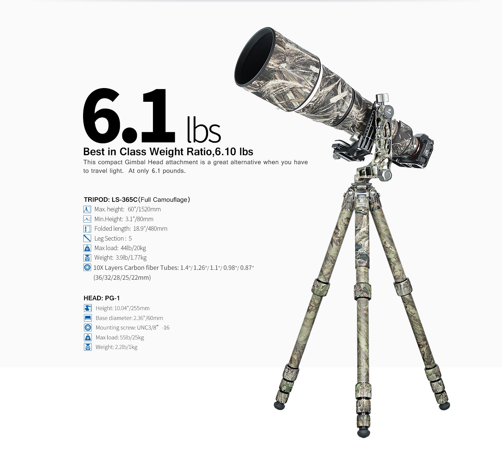 Leofoto LS-365C + PG-1 Pro Carbon Tripod with PG-1 Gimbal Head Kit (Black/Camo/Full Camo)