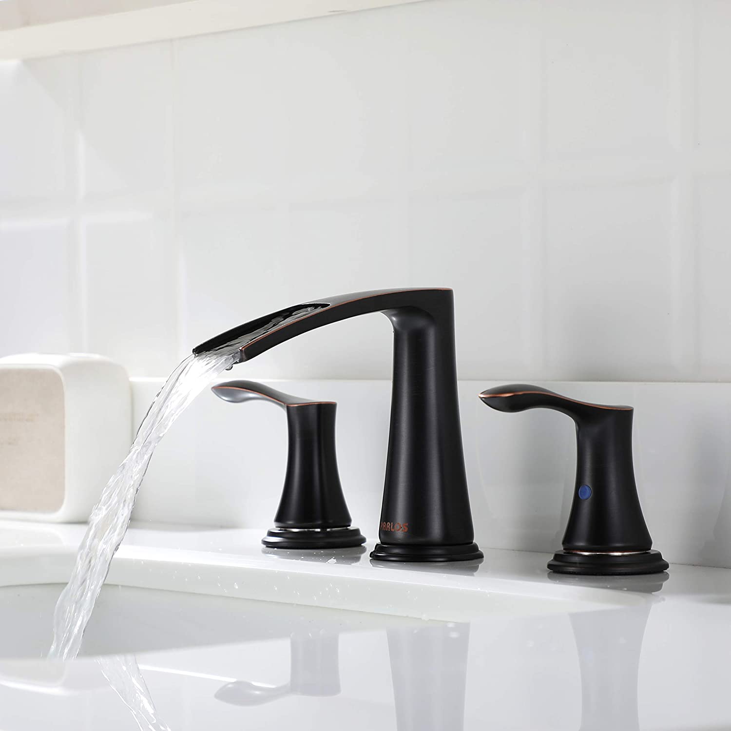 Waterfall Widespread Bathroom Faucet Double Handles with Pop Up Drain