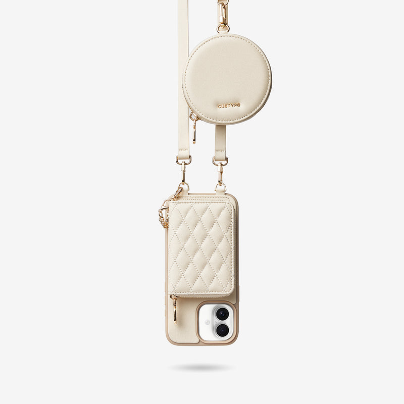 Embroidery Craft Set- Detachable Wireless Charging Crossbody Wallet Phone Case Round Pouch Set-Mobile Phone Cases-DETACHABLE WALLET & ROUND POUCH-Argyle-Beige-iPhone 16-Custype