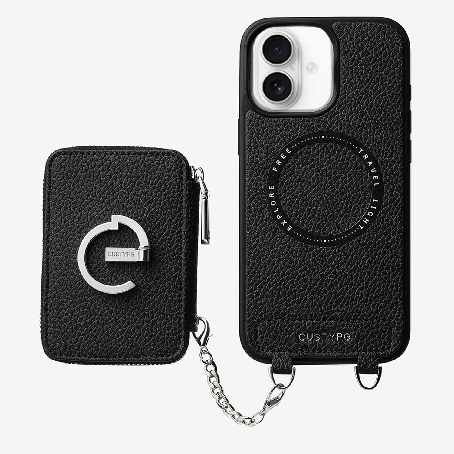 iPhone 16用レザー取り外し可能ウォレットケース（シルバー金具＆E