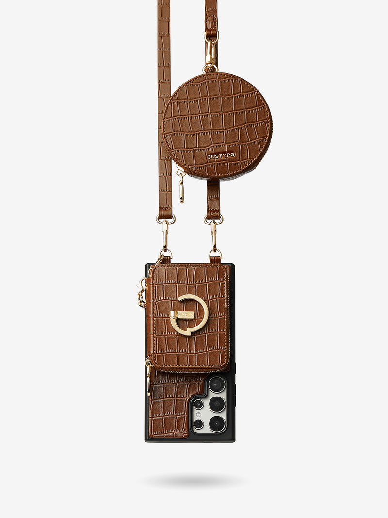 Crocodile Design Set- Samsung Galaxy Sling Grip Wallet Phone Case with Round Purse-Mobile Phone Cases-DETACHABLE WALLET & ROUND POUCH-Brown-Samsung S25 Ultra-Custype