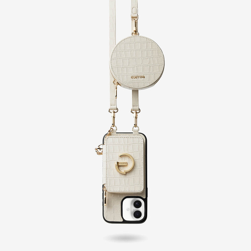 Crocodile Design Set- Detachable Wireless Charging Crossbody E-Stand Wallet Phone Case Round Pouch Set-Mobile Phone Cases-DETACHABLE WALLET & ROUND POUCH-White-iPhone 16 Plus-Custype