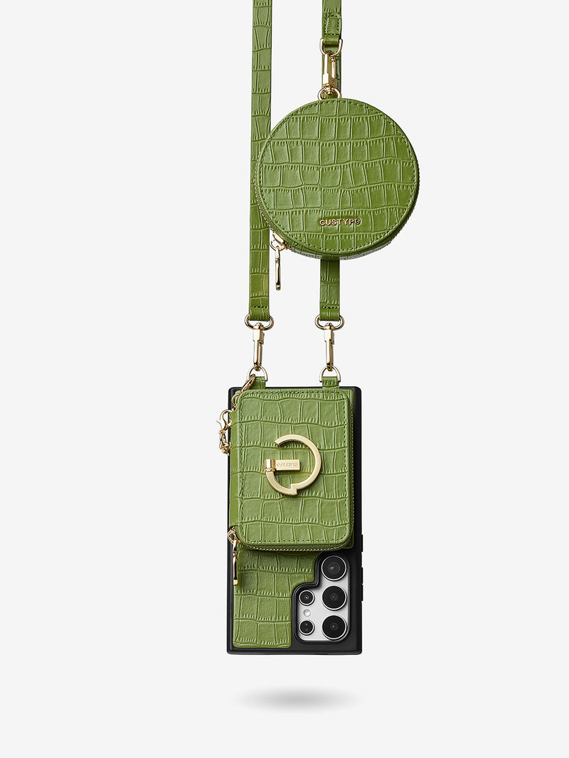 Crocodile Design Set- Samsung Galaxy Sling Grip Wallet Phone Case with Round Purse-Mobile Phone Cases-DETACHABLE WALLET & ROUND POUCH-Brown-Samsung S25 Ultra-Custype