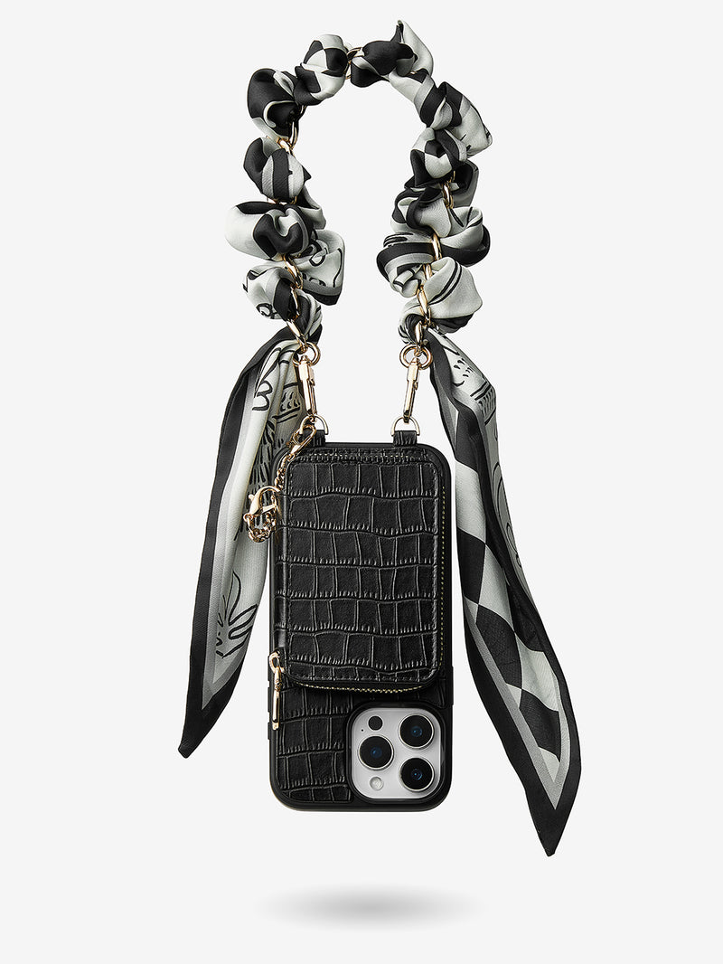 Silk Flair Set- Crocodile Wrist Lanyard Wallet Phone Case Compatible MagSafe-Mobile Phone Cases-WRISTBAND & PHONE POUCH-White-iPhone 16 Pro Max-Custype