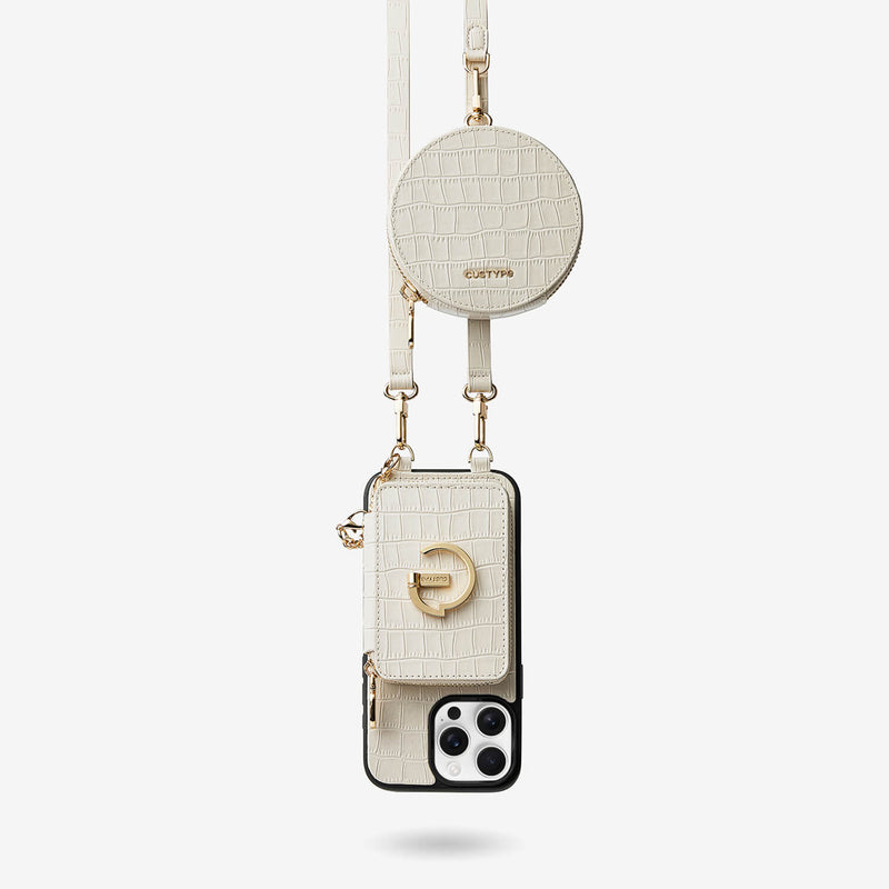 Crocodile Design Set- Detachable Wireless Charging Crossbody E-Stand Wallet Phone Case Round Pouch Set-Mobile Phone Cases-DETACHABLE WALLET & ROUND POUCH-White-iPhone 16 Pro Max-Custype