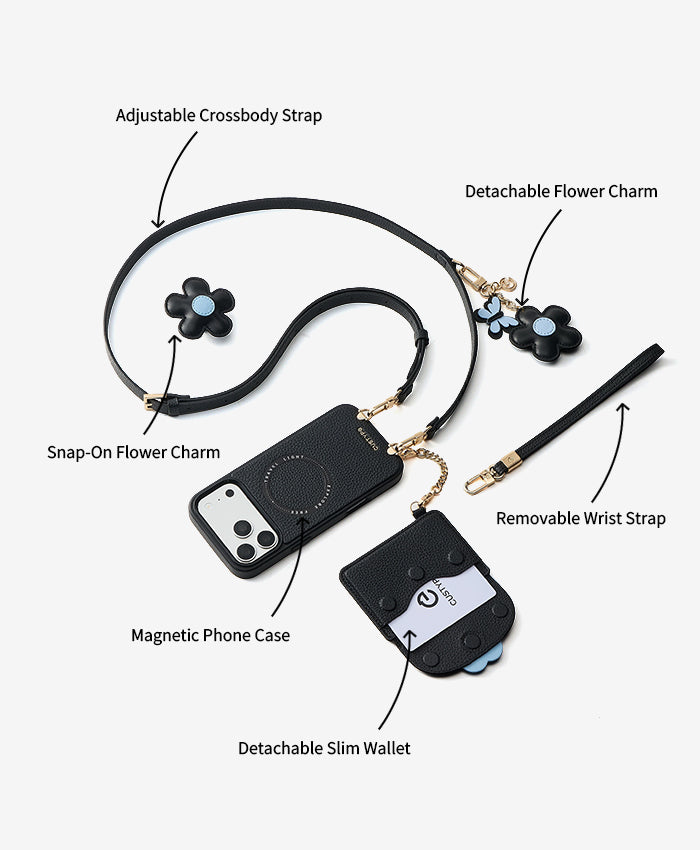 Slim Wallet Phone Case with Flower Charm Features