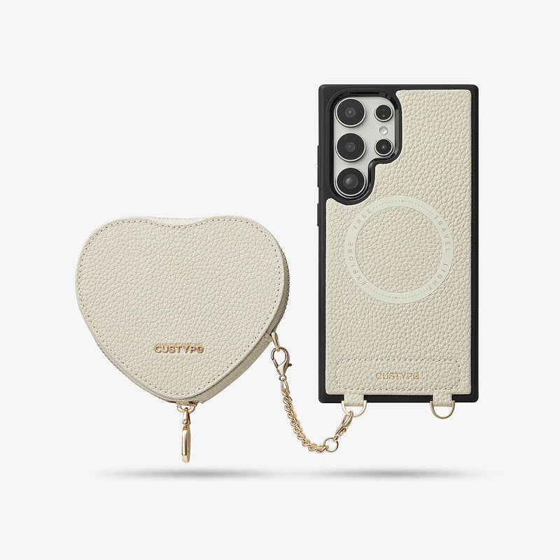 Heart Design Kit- Samsung Galaxy Wireless Charging Phone Case With Detachable Pouch-Mobile Phone Cases-DETACHABLE WALLET & WIRELESS CHARGING-Beige-Samsung S24 Ultra-Custype