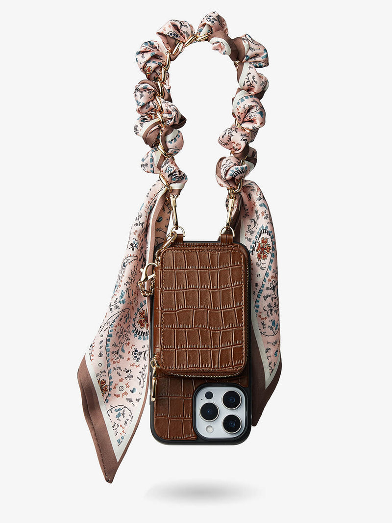 Silk Flair Set- Crocodile Wrist Lanyard Wallet Phone Case Compatible MagSafe-Mobile Phone Cases-WRISTBAND & PHONE POUCH-White-iPhone 16 Pro Max-Custype