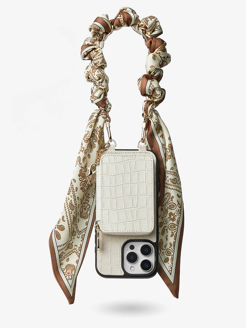 Silk Flair Set- Crocodile Wrist Lanyard Wallet Phone Case Compatible MagSafe-Mobile Phone Cases-WRISTBAND & PHONE POUCH-White-iPhone 16 Pro Max-Custype