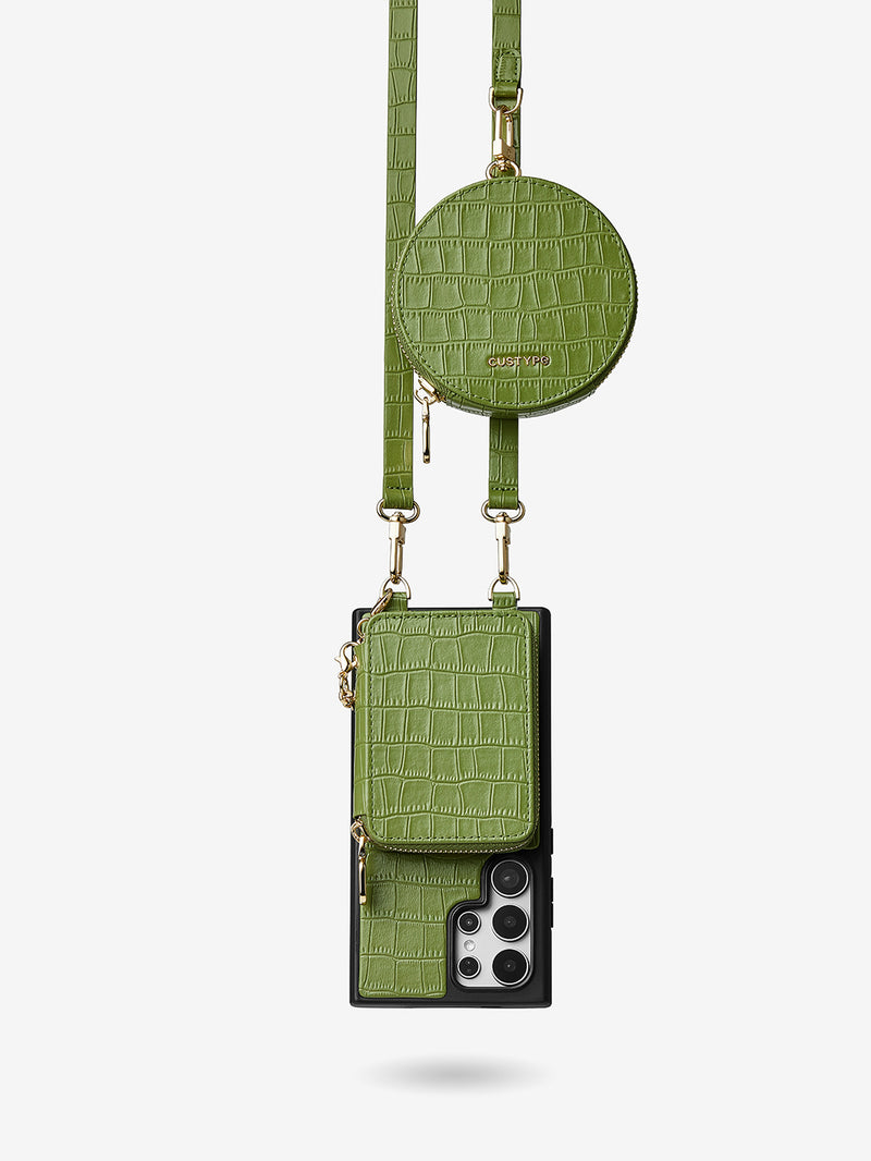 Crocodile Craft Set- Samsung Galaxy Strap Magsafe Compatible Phone Wallet Case with Circle Pouch-Mobile Phone Cases-DETACHABLE WALLET & ROUND POUCH-Green-Samsung S25 Ultra-Custype