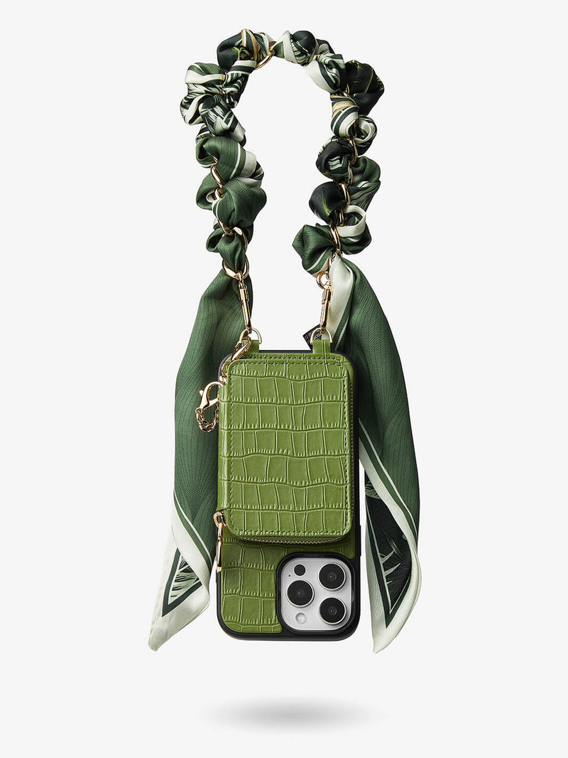 Silk Flair Set- Crocodile Wrist Lanyard Wallet Phone Case Compatible MagSafe-Mobile Phone Cases-WRISTBAND & PHONE POUCH-White-iPhone 16 Pro Max-Custype