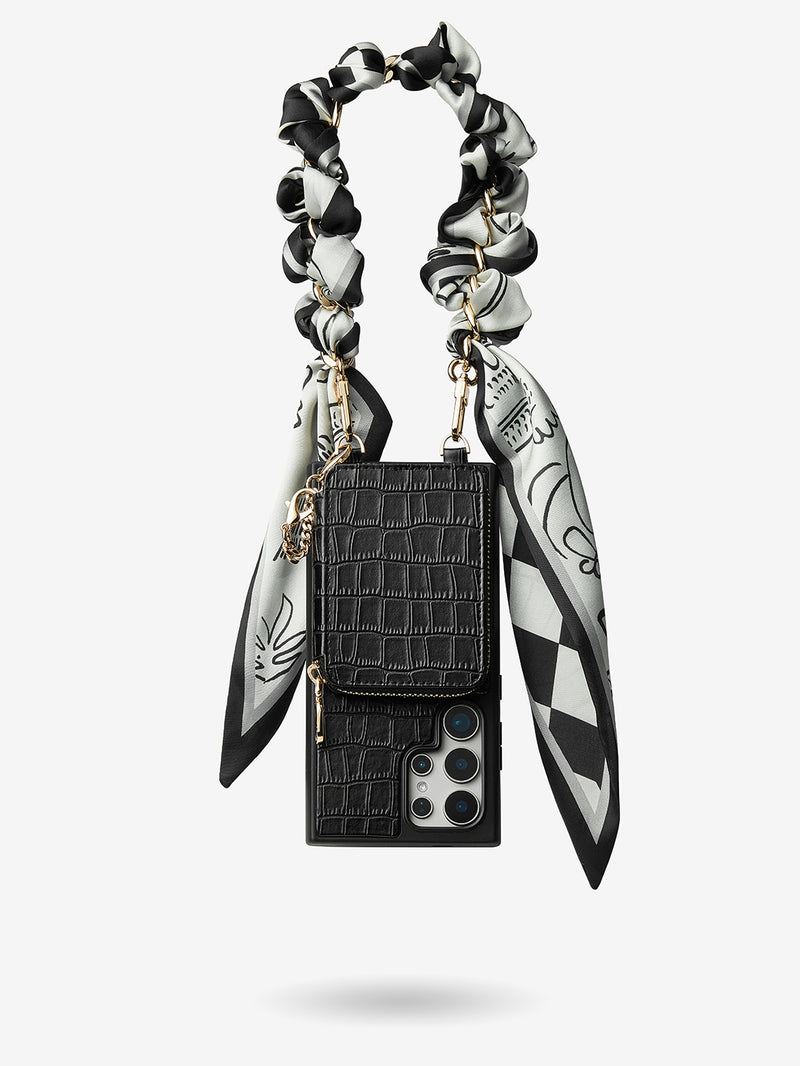 Silk Flair Set- Samsung Crocodile Removeable Wallet Phone Case with Wrist Strap-Mobile Phone Cases-WRISTBAND & PHONE POUCH-Brown-Samsung S25 Ultra-Custype