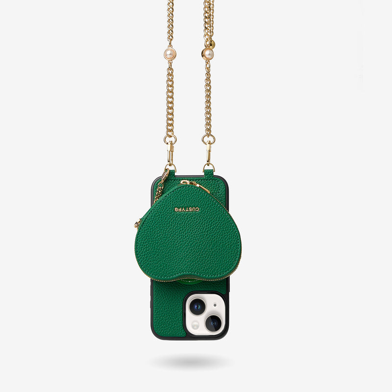 Green apple leather casezipper heart pouchiPhone 16 Pro Max
