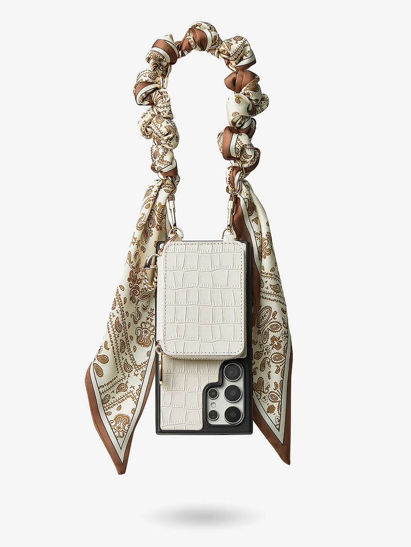 Silk Flair Set- Samsung Crocodile Removeable Wallet Phone Case with Wrist Strap-Mobile Phone Cases-WRISTBAND & PHONE POUCH-Brown-Samsung S25 Ultra-Custype