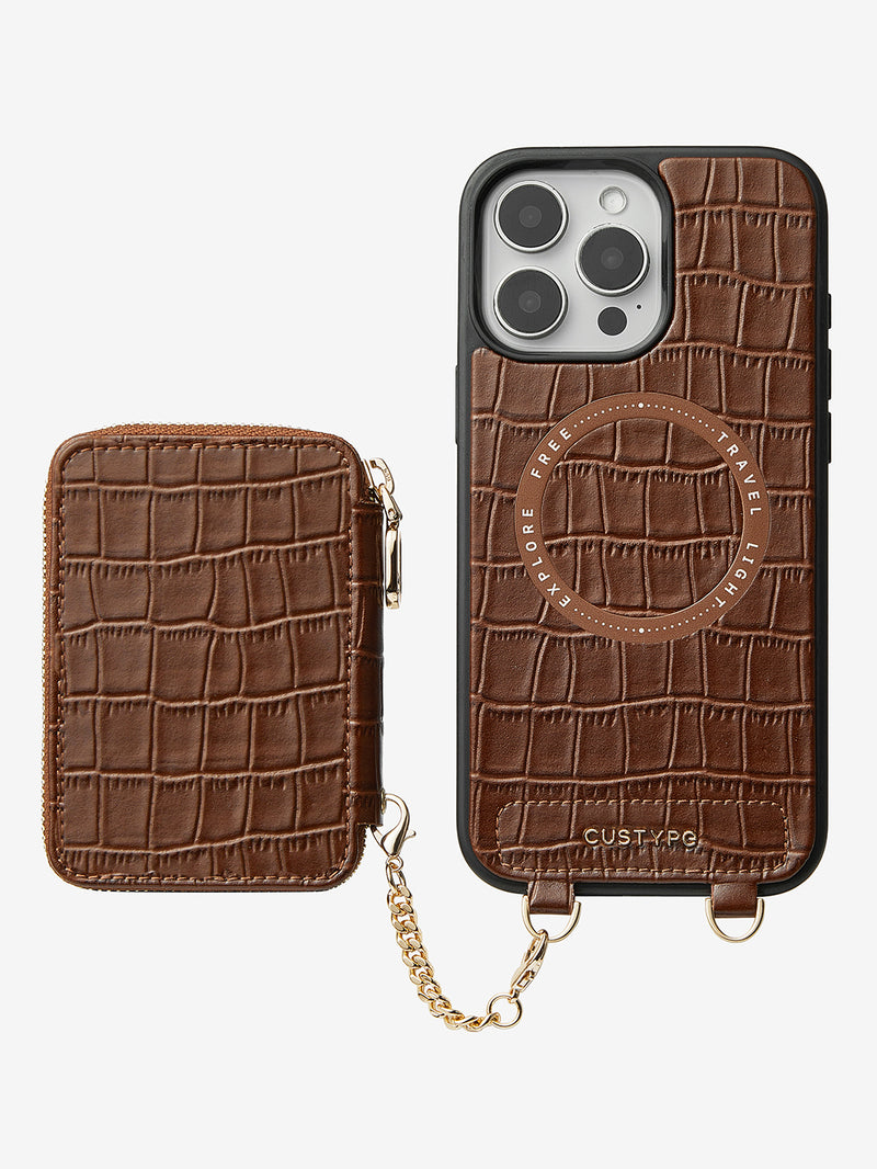 Silk Flair Set- Crocodile Wrist Lanyard Wallet Phone Case Compatible MagSafe-Mobile Phone Cases-WRISTBAND & PHONE POUCH-White-iPhone 16 Pro Max-Custype