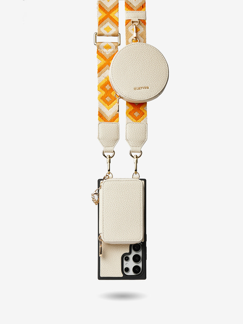 Unique Design Set- Samsung Galaxy Wireless Charging Webbing Crossbody Phone Case Round Pouch Set-Mobile Phone Cases-DETACHABLE WALLET & ROUND POUCH-Beige-Samsung S24 Ultra-Custype