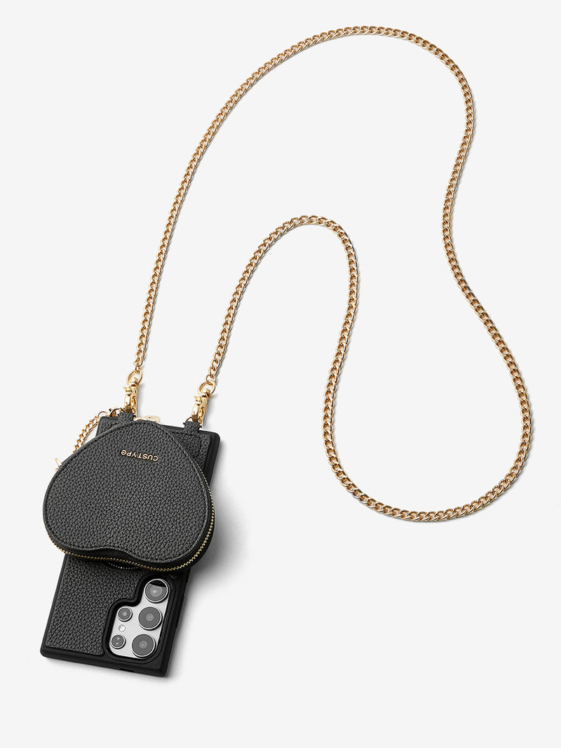 Heart Chain Kit- Samsung Galaxy Crossbody Case with removable Card Organizer-Mobile Phone Cases-DETACHABLE WALLET & WIRELESS CHARGING-Black-Samsung S25 Ultra-Custype