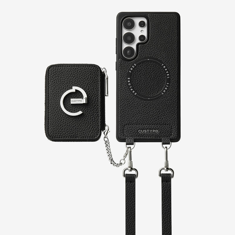 Silver Edge Kit- Samsung Galaxy Magnetic Wallet Phone Case with Neck Strap & Grip-Mobile Phone Cases-DETACHABLE WALLET & PHONE POUCH-Black-Samsung S25 Ultra-Custype