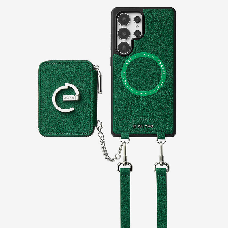 Silver Edge Kit- Samsung Galaxy Magnetic Wallet Phone Case with Neck Strap & Grip-Mobile Phone Cases-DETACHABLE WALLET & PHONE POUCH-Green-Samsung S25 Ultra-Custype