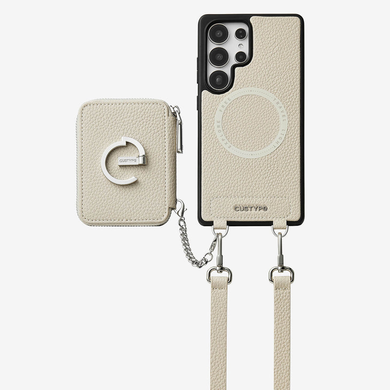 Silver Edge Kit- Samsung Galaxy Magnetic Wallet Phone Case with Neck Strap & Grip-Mobile Phone Cases-DETACHABLE WALLET & PHONE POUCH-Beige-Samsung S25 Ultra-Custype
