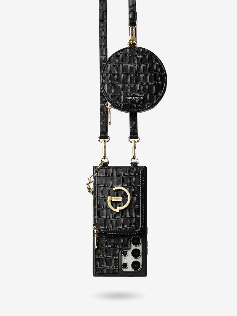 Crocodile Design Set- Samsung Galaxy Sling Grip Wallet Phone Case with Round Purse-Mobile Phone Cases-DETACHABLE WALLET & ROUND POUCH-Brown-Samsung S25 Ultra-Custype