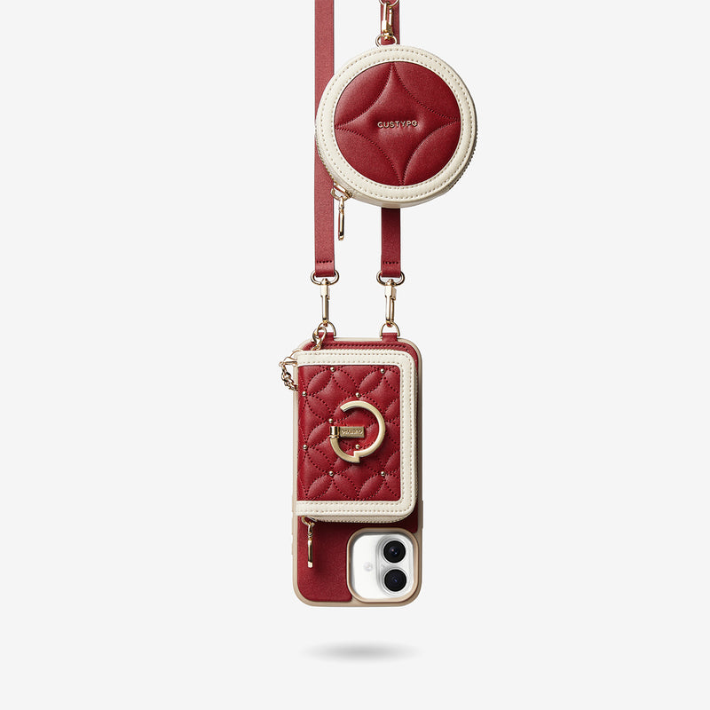 Embroidery Craft Set- Detachable Wireless Charging Crossbody Wallet Phone Case Round Pouch Set-Mobile Phone Cases-DETACHABLE WALLET & ROUND POUCH-Bloom Stitching-Red-iPhone 16-Custype