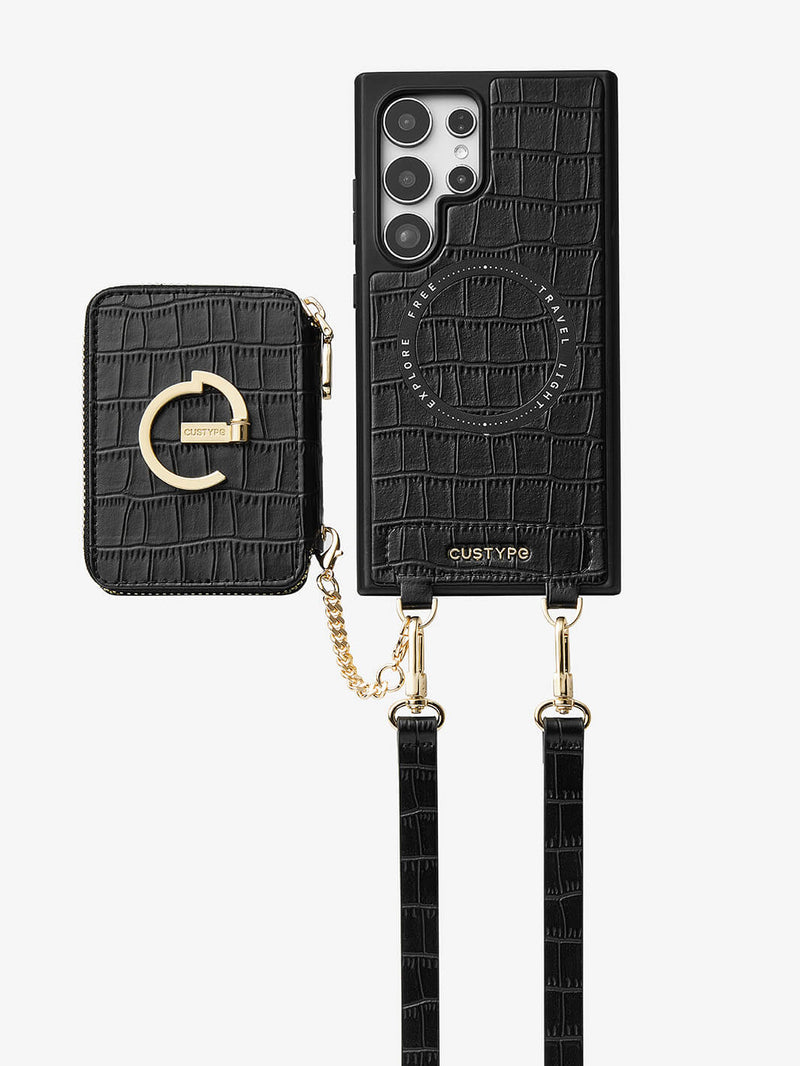 Crocodile Design Set- Samsung Galaxy Magnetic Grip Wallet Phone Case with Carrying Strap-Mobile Phone Cases-DETACHABLE WALLET & WIRELESS CHARGING-Black-Samsung S25 Ultra-Custype