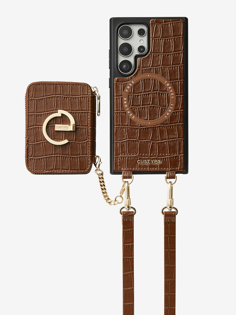 Crocodile Design Set- Samsung Galaxy Magnetic Grip Wallet Phone Case with Carrying Strap-Mobile Phone Cases-DETACHABLE WALLET & WIRELESS CHARGING-Black-Samsung S25 Ultra-Custype