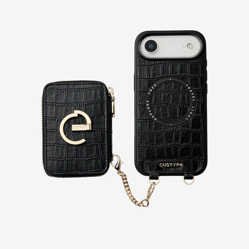 Black crocodile  iPhone 17 Air wallet phone case with detachable for shopping
