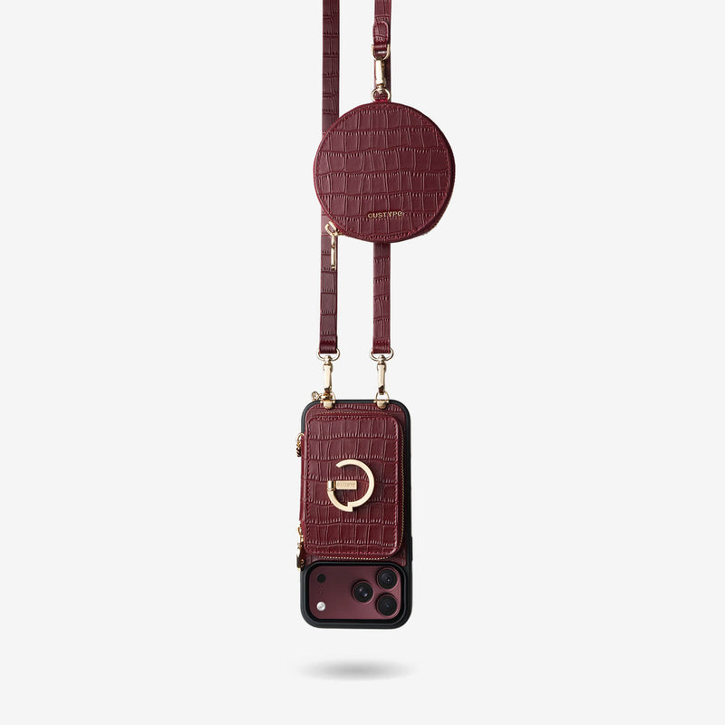 Crocodile Design Set- Detachable Wireless Charging Crossbody E-Stand Wallet Phone Case Round Pouch Set - iPhone 17 Pro