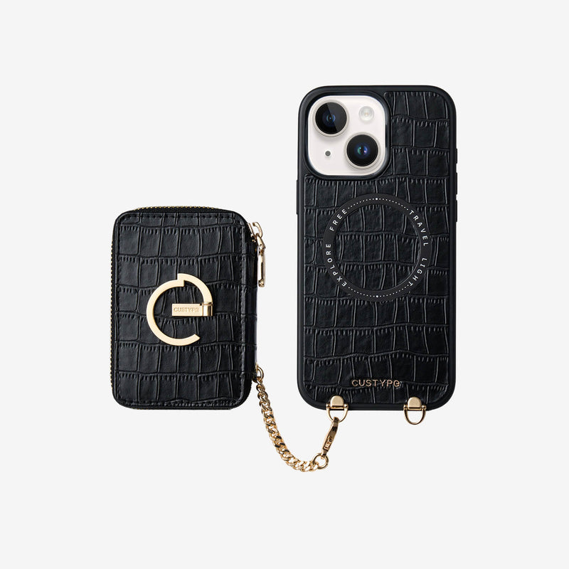 Crocodile Design Set- Detachable Wireless Charging E-stand Wallet Phone Case-Mobile Phone Cases-DETACHABLE WALLET & WIRELESS CHARGING-Black-iPhone 15 Plus-Custype