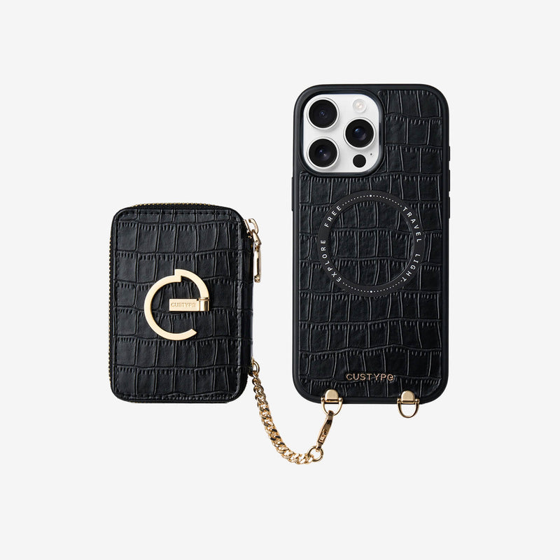 Crocodile Design Set- Detachable Wireless Charging E-stand Wallet Phone Case-Mobile Phone Cases-DETACHABLE WALLET & WIRELESS CHARGING-Black-iPhone 16 Pro Max-Custype