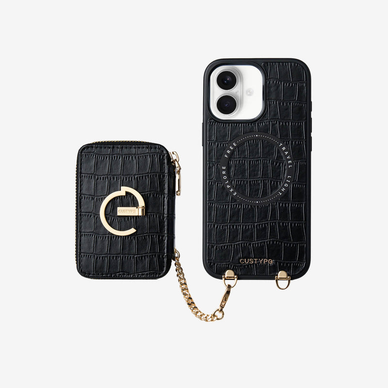 Crocodile Design Set- Detachable Wireless Charging E-stand Wallet Phone Case-Mobile Phone Cases-DETACHABLE WALLET & WIRELESS CHARGING-Black-iPhone 16 Plus-Custype