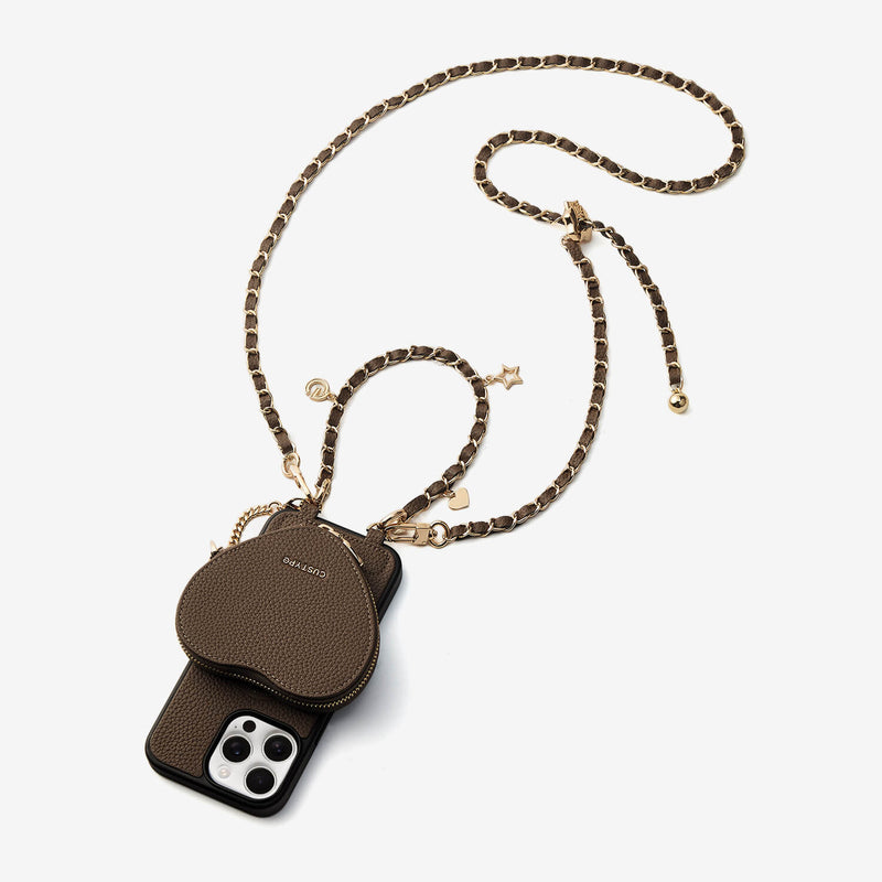 mocha crossbody phone case with heart pouch