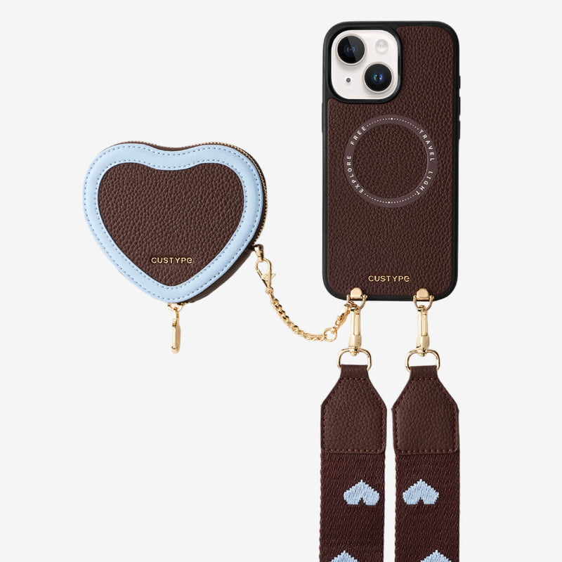 Brown iPhone 15 case with detachable heart-shaped pouch and matching strap  for vacation