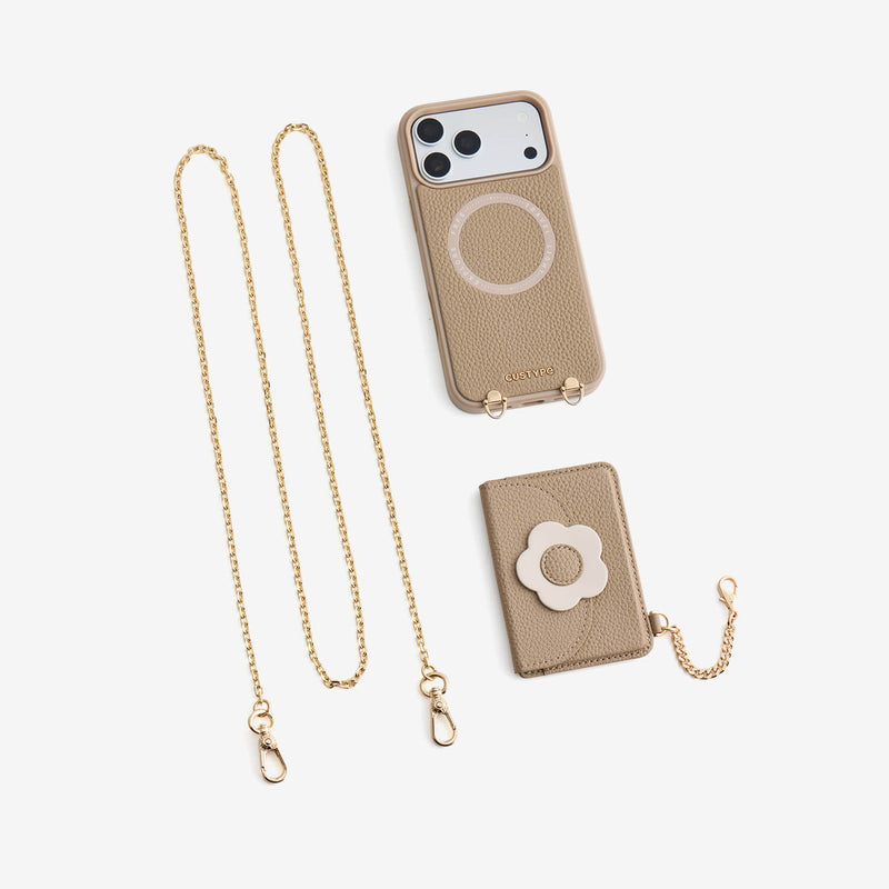 luxury Taupe iPhone 18 Pro crossbody phone case with magnetic wallet for everyday use