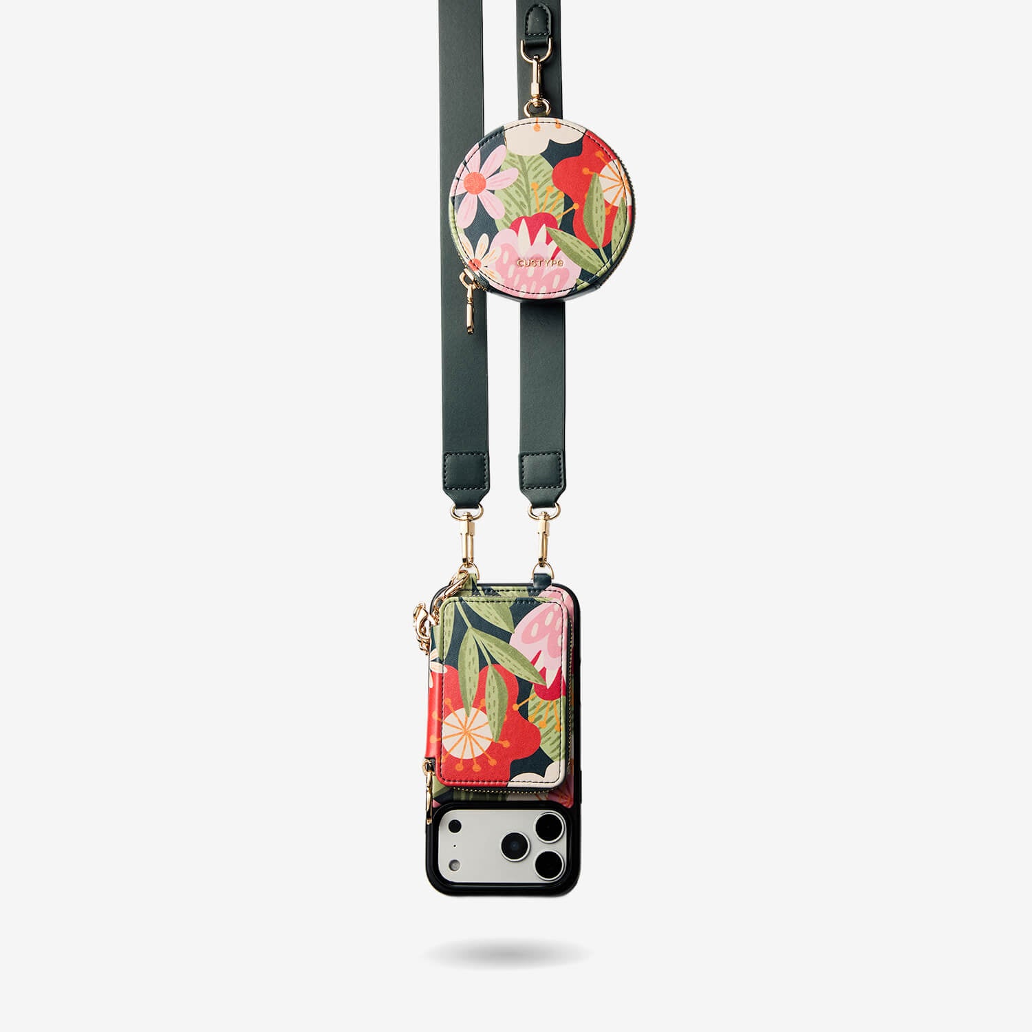 Nature Theme Print Phone Case with Card Holder & Crossbody Strap