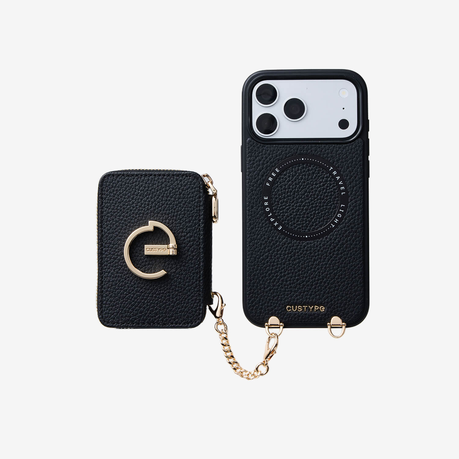 【未使用タグ付き】CUSTYPG ブラック iPhoneケース ポーチ付き オリジナルデザインセット - 取り外し可能なウォレット型スマホケース
