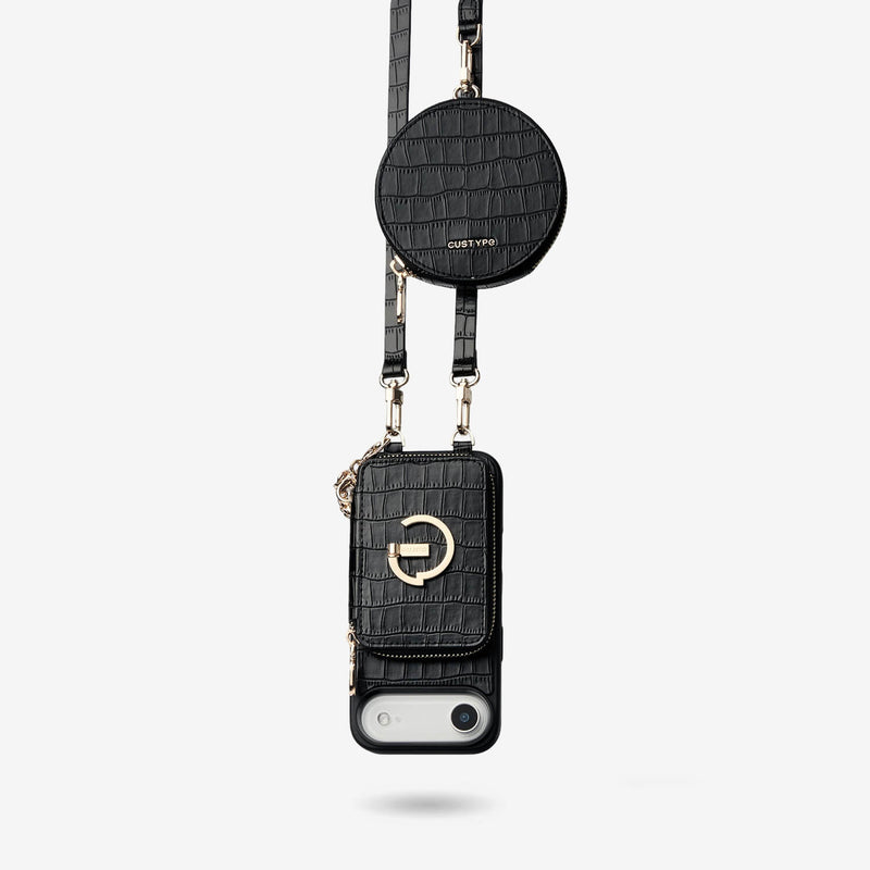 Black iPhone 17 Air crossbody phone case with card holder and Round pouch for everyday use
