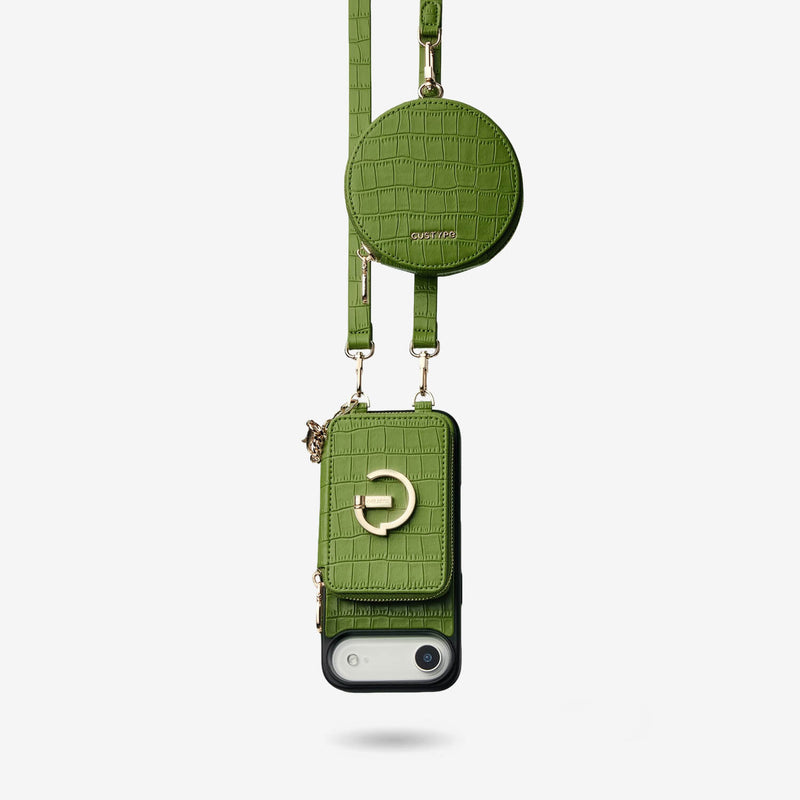 Green iPhone 17 AirDetachable crossbody wallet phone case
with Round pouch for everyday use