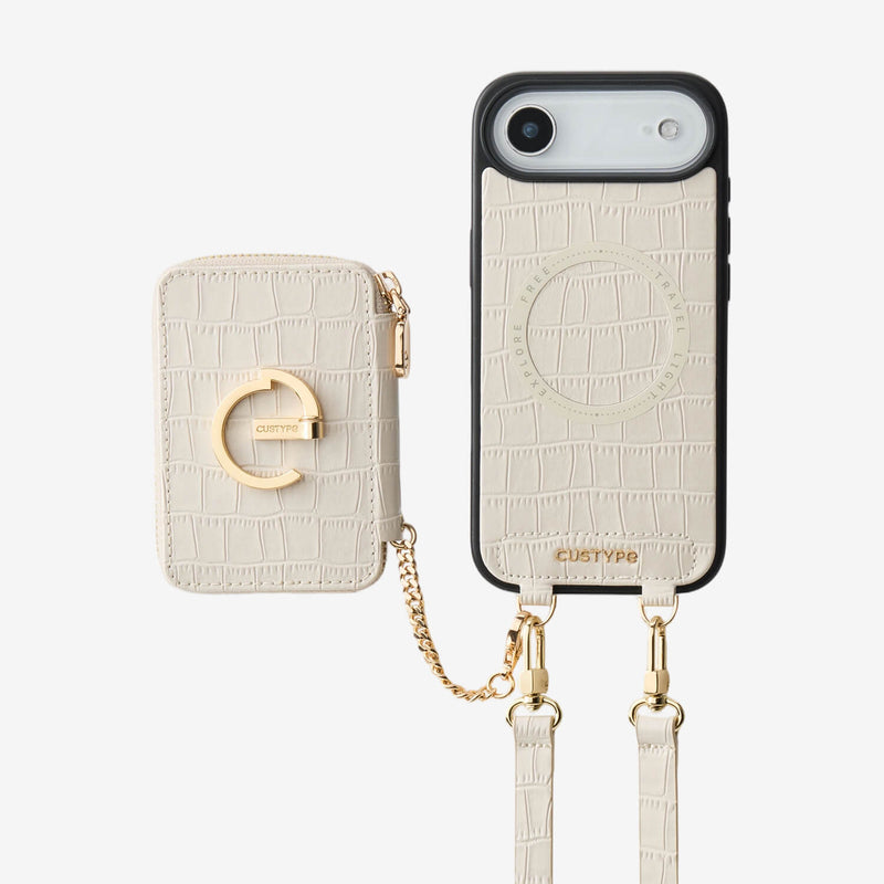 Beige iPhone 17 Air phone case with magnetic wallet and safety chain for moms