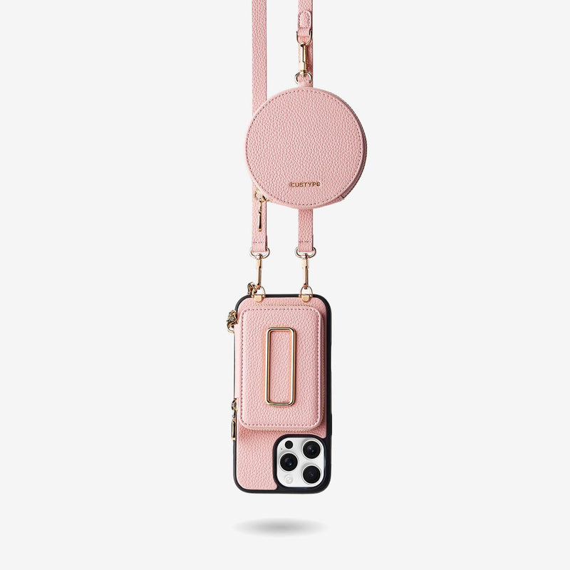 Pink iPhone 16 pro max wallet case with a detachable round pouch for city walks