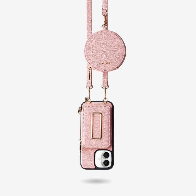 Pink iPhone 17 case with a matching round pouch for City Walk