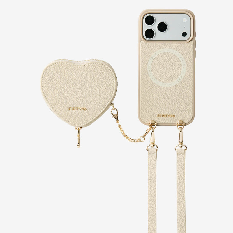 Beige stylish iPhone 17 Pro Max MagSafe-compatible heart phone case with storage for hands-free
